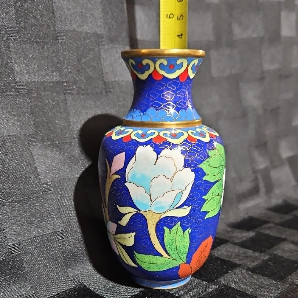 Vtg Chinese Cloisonne Enamel Cobalt Blue Pink Peony Red Bird Floral Vase